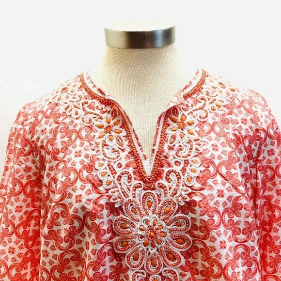 CHARTER CLUB Women Long Sleeve Pull Over V-Neck Beaded Orange Shirt Size Small - Picture 2 of 14